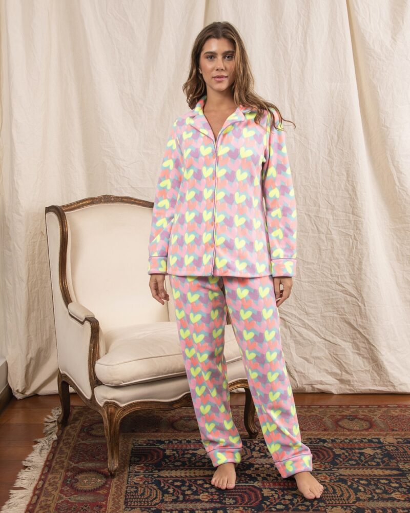 Conjunto Pijama Clássico Manga Longa - Soft Coração Rosa - Col. Chanel
