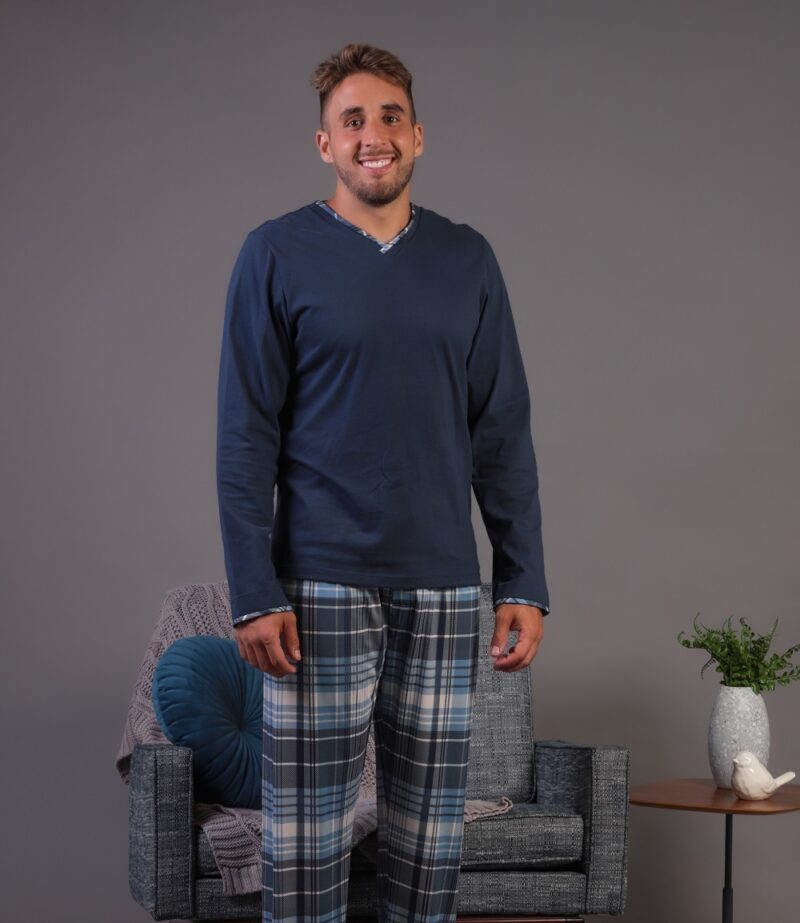 Conjunto Masculino Manga Longa - Malha Xadrez Marinho - Col. Edu