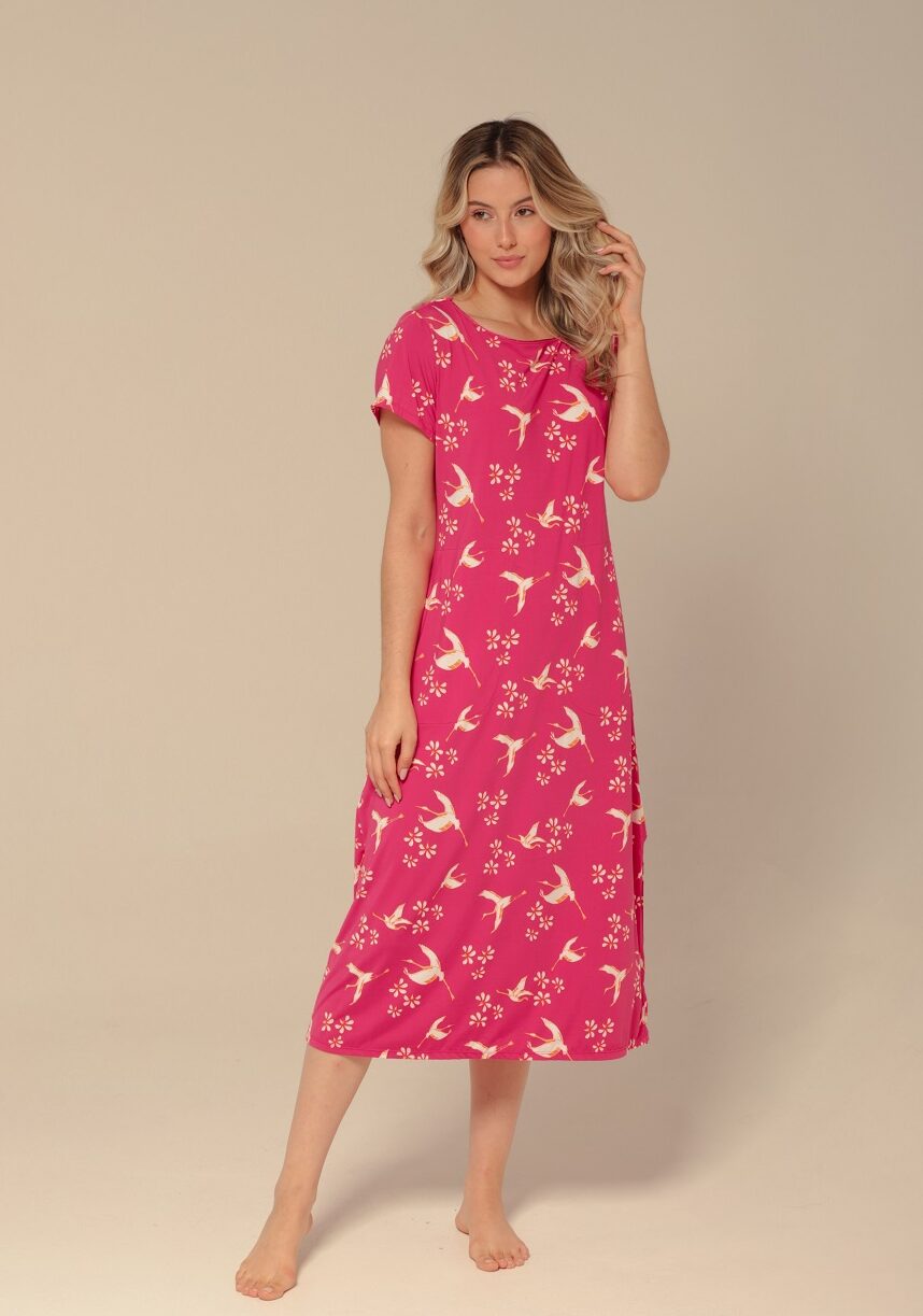 Kaftan Midi Fluity - Pássaros Pink - Col. Mas que Nada