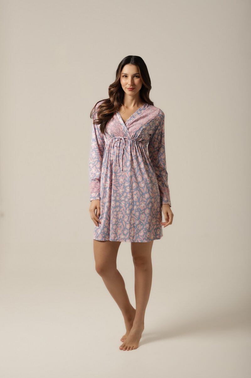 Bata Manga Longa - Fluity Floral  Rosa e Azul - Col. Zuzu - Image 4