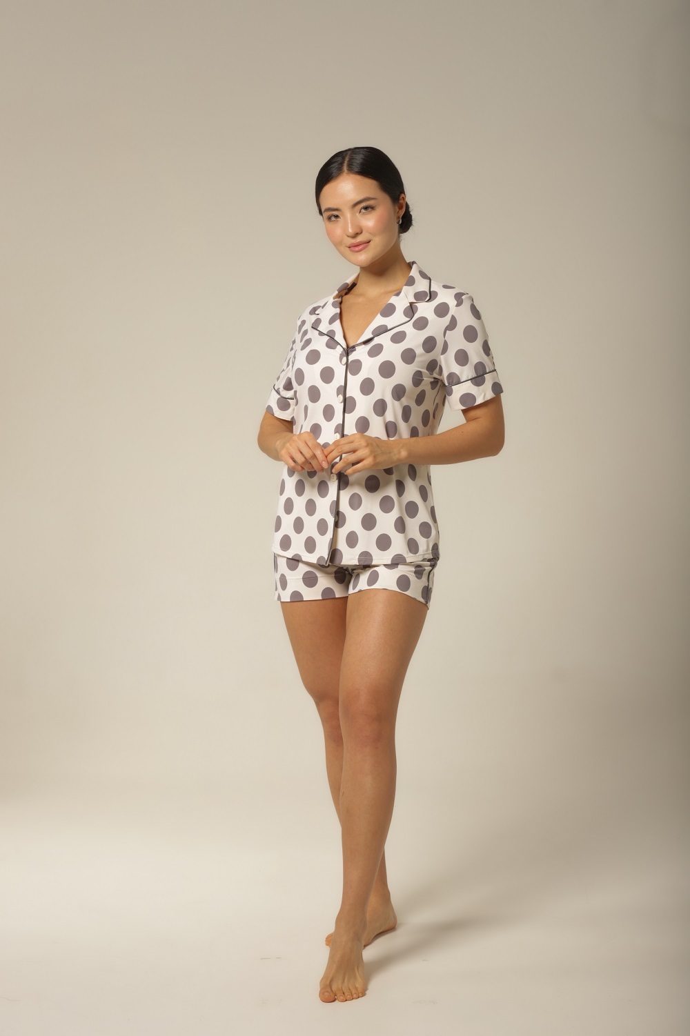 Conjunto Short Clássico M. Curta - Fluity Poá Cinza - Col. Emoções