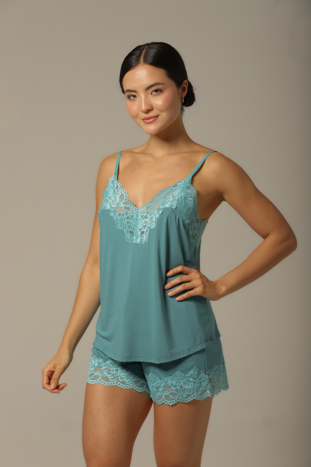 Conjunto Short Doll Alça - Visco Turquesa - Col. Céu Aberto