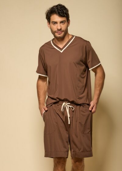 Alternative view of Conjunto de Pijama Masculino Silêncio da Noite em Fluity Marrom com Bermuda e Decote V