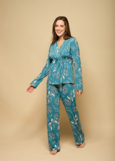 Conjunto Pijama Manga Longa Fluity Floral Turquesa Coleção Brisa Serena