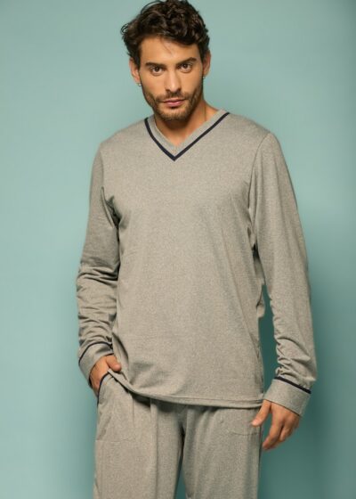 Alternative view of Conjunto Pijama Masculino Manga Longa Mescla Ritual com Gola V Azul Marinho
