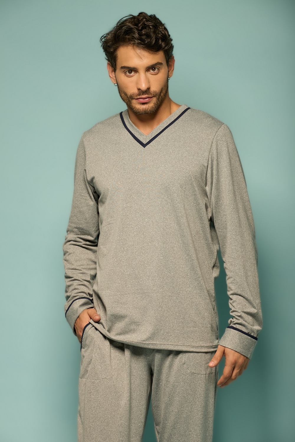 Conjunto Pijama Masculino Manga Longa Mescla Ritual com Gola V Azul Marinho - Imagem 2