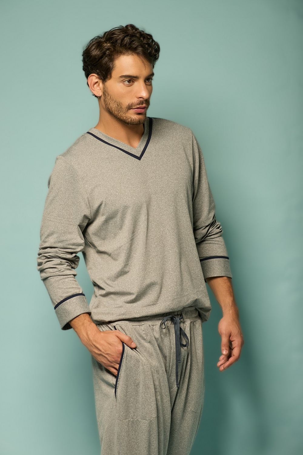 Conjunto Pijama Masculino Manga Longa Mescla Ritual com Gola V Azul Marinho - Imagem 4