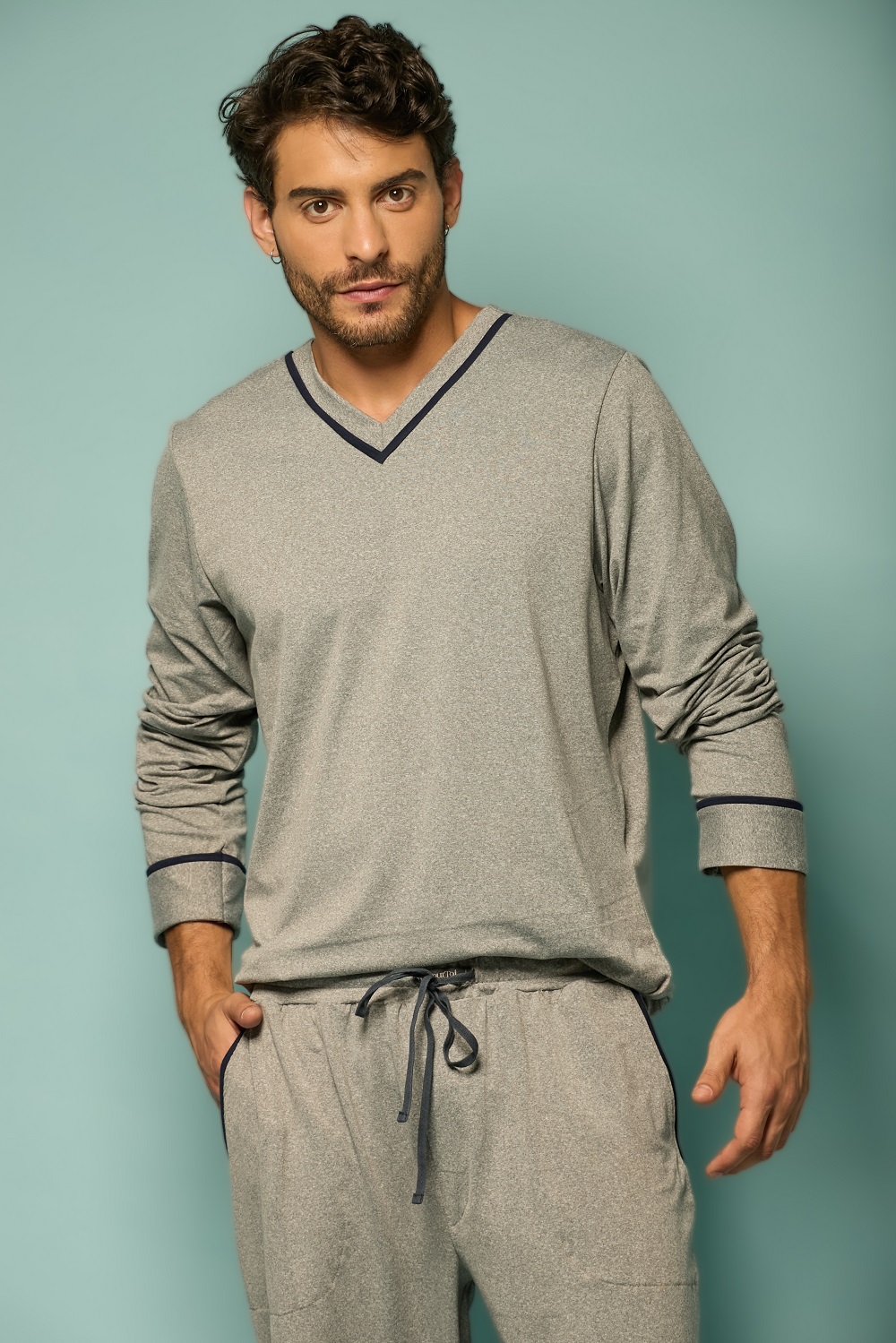 Conjunto Pijama Masculino Manga Longa Mescla Ritual com Gola V Azul Marinho - Imagem 5