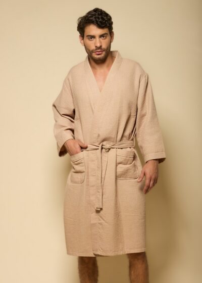 Alternative view of Robe Curto Unissex em Algodão Bege com Textura e Bolsos Coleção Tranquila