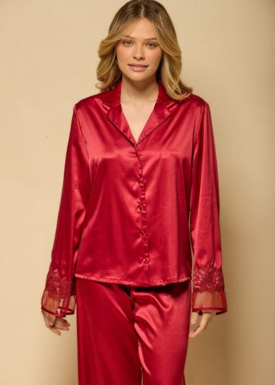Alternative view of Conjunto de Pijama Manga Longa em Cetim Vermelho com Renda Acalanto