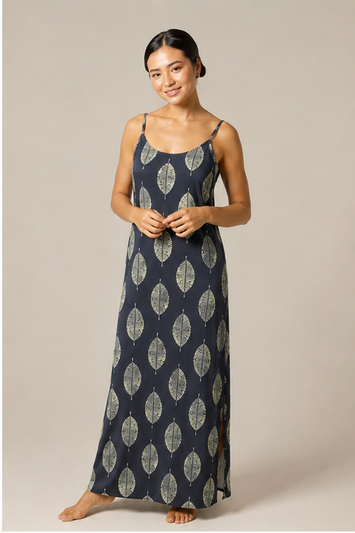 Kaftan Alças Finas Fluity Folhas Azul Marinho Coleção Calmaria - Imagem 2