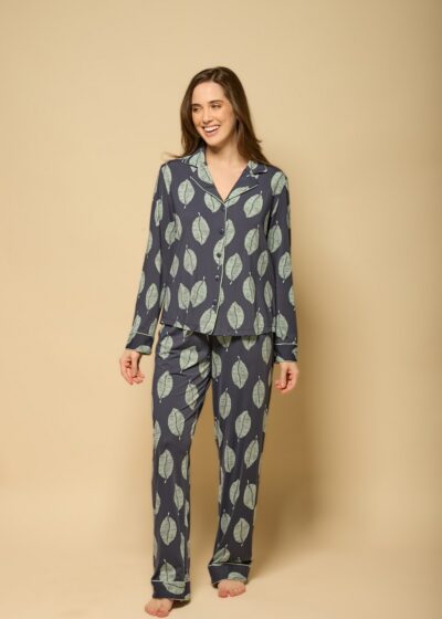 Alternative view of Pijama Feminino Manga Longa Fluity Folhas Azul Escuro Calmaria
