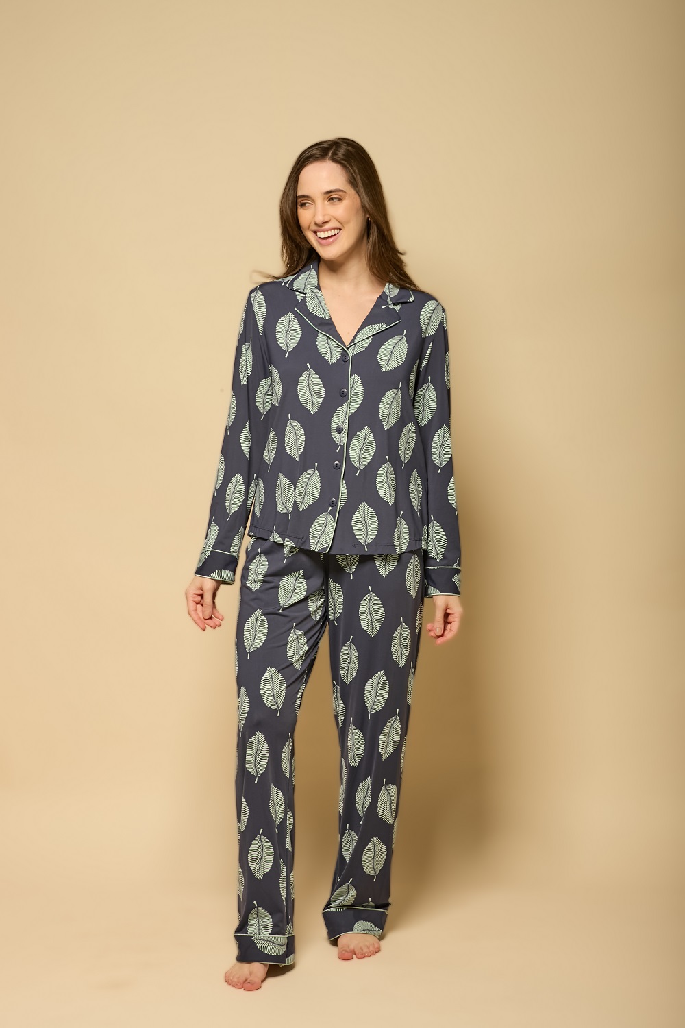 Pijama Feminino Manga Longa Fluity Folhas Azul Escuro Calmaria - Imagem 2